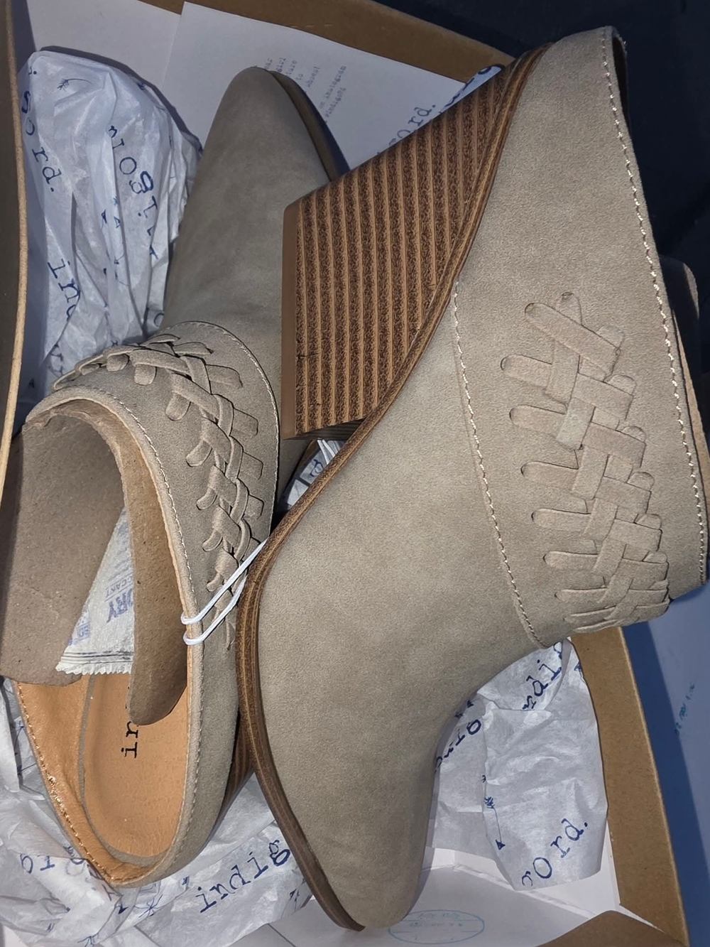 Indigo Taupe Woven-Trim Ankle Booties
